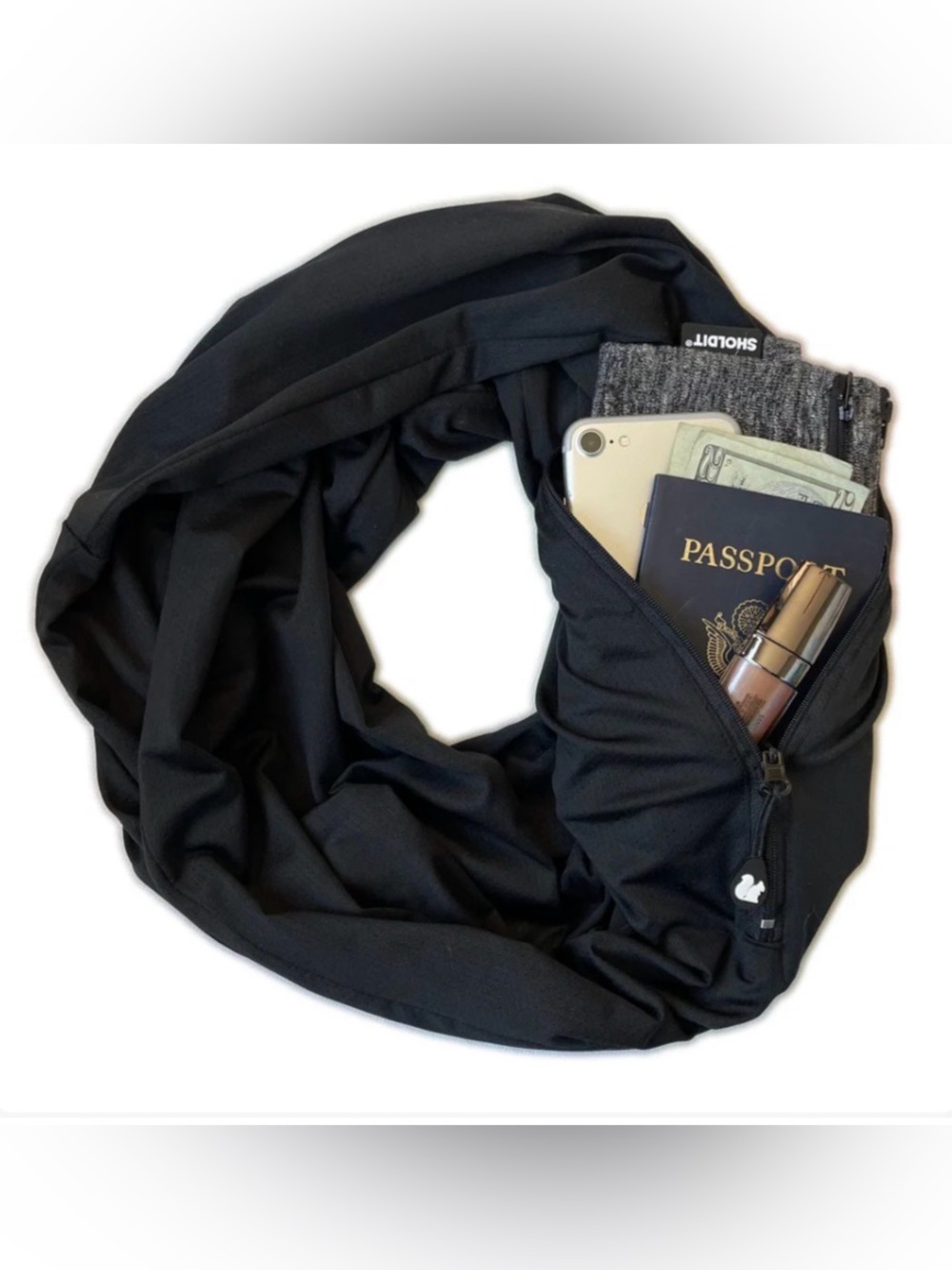 Black Travel Infinity Scarf with Zipper Pocket